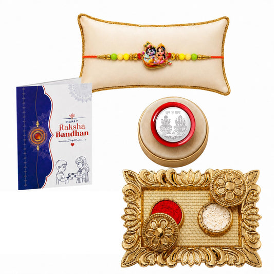 Radhe Krishna Rakhi for Brother with Pooja Thali, Roli Tikka & Card, Pack of 5