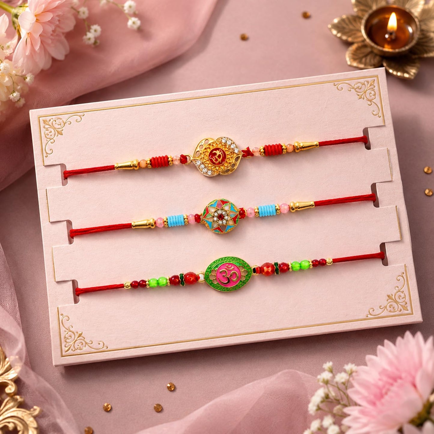 Om Rakhi for Brother with Choco Magic 32gm, Roli Tikka & Greeting Card, Pack of 7