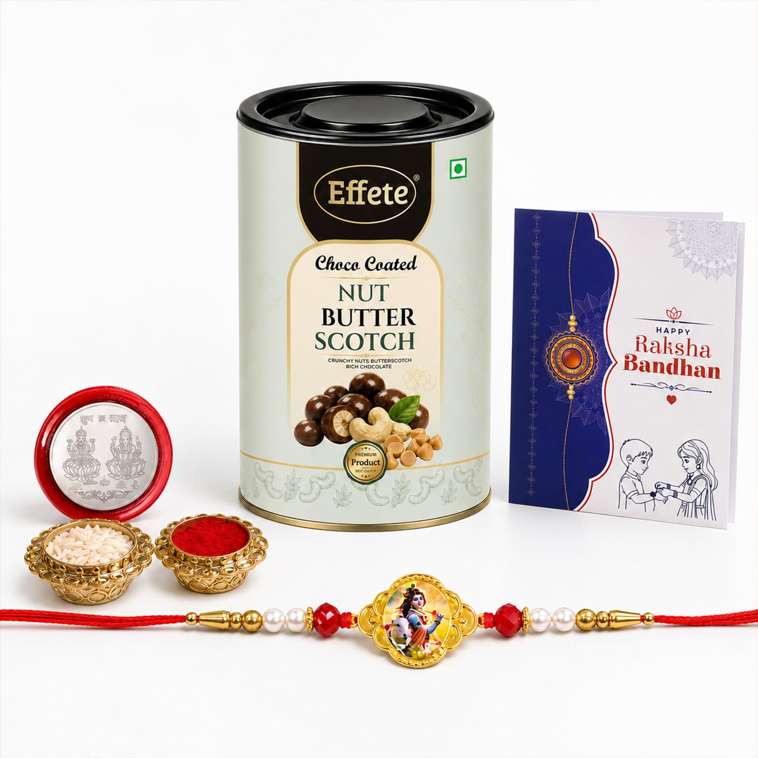 Rakhi with Chocolate for Brother (Set of 5) – Raksha Bandhan Festival Celebration Combo for Bhai with Krishna Design Rakhi, Chocolate, Roli Chawal, Silver Color Pooja Coin & Greeting Card