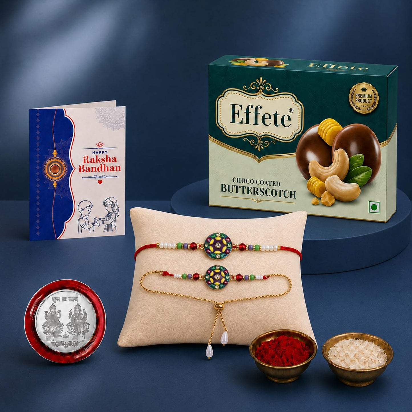 A Raksha Bandhan gift set featuring a greeting card, a box of butterscotch chocolates, two colorful bracelets, a silver