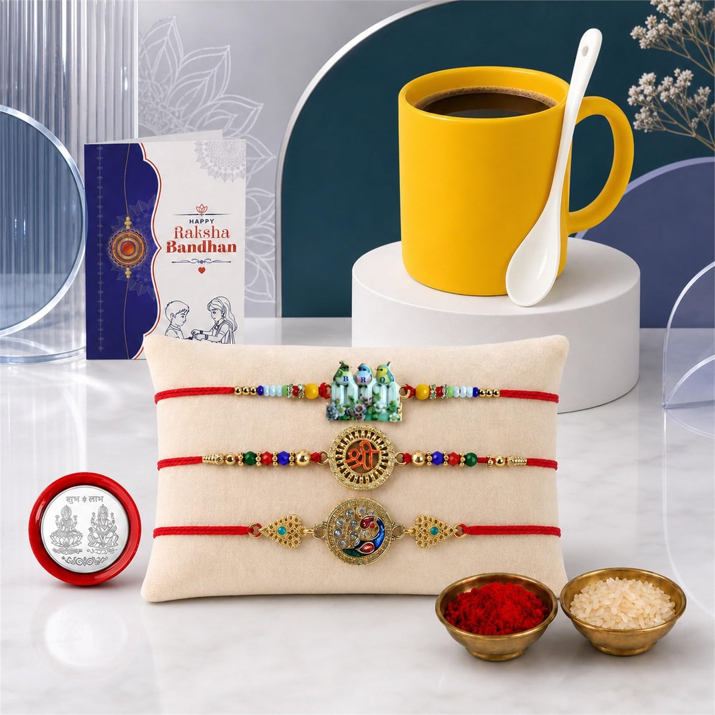 Bird Multicolor Rakhi & Coffee Mug – Raksha Bandhan Gift Combo for Bhai (Pack of 7)