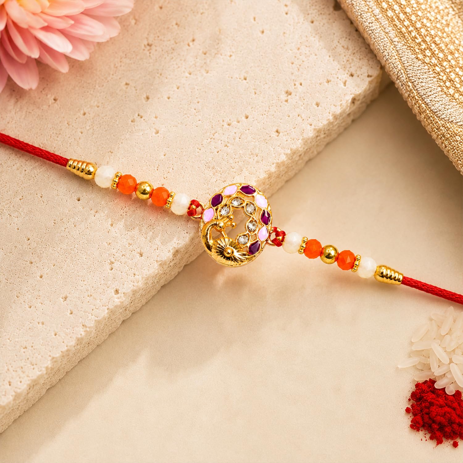 Peacock Rakhi for Brother with Kulfi Almonds 96gm, Roli Tikka & Card, Pack of 5