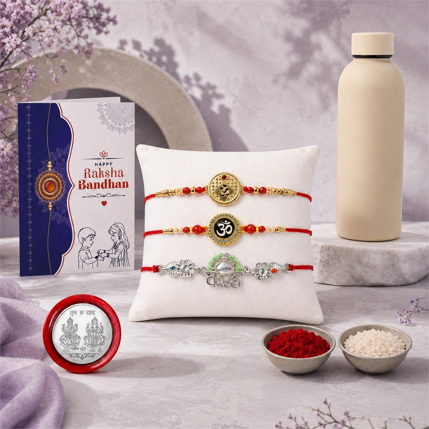 Om, Kanha Rakhi Combo - Raksha Bandhan Gift with SS Water Bottle 500ml, Pack of 7