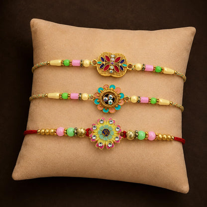 Floral Rakhi for Brother with Choco Almonds 32gm, Roli Tikka & Card, Pack of 7