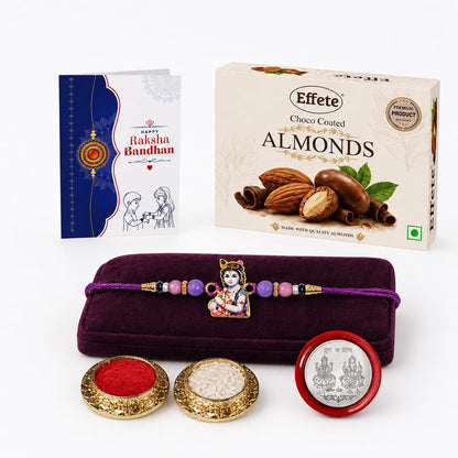 Krishna Rakhi for Brother with Choco Almonds 32gm, Roli Tikka & Card, Pack of 5