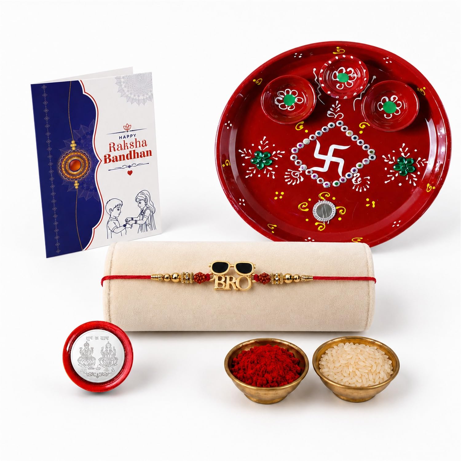 BRO Rakhi Combo - Raksha Bandhan Gift with Decorated Pooja Thali, Pack of 5 | Rakhi Gift