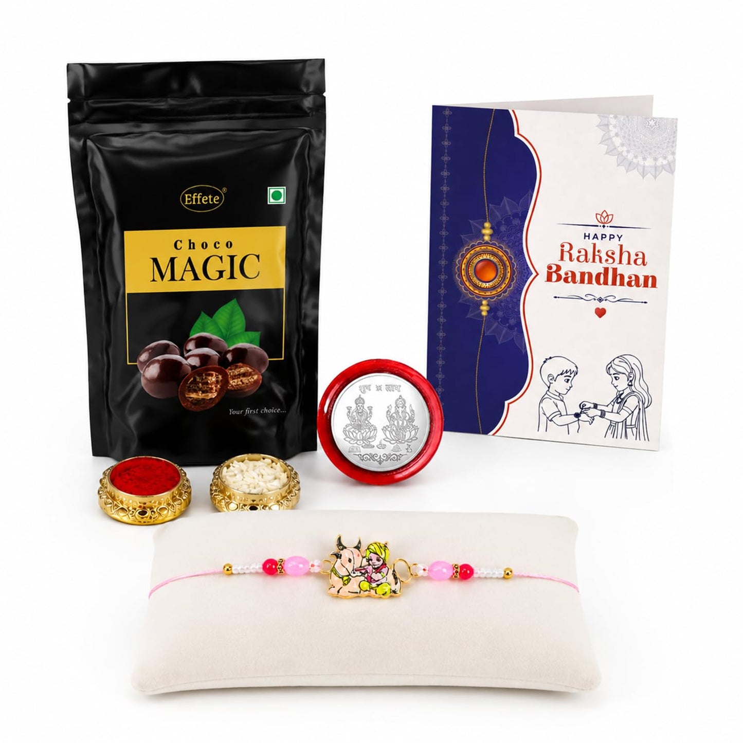 Krishna Multicolor Rakhi & Choco Magic (Standy Pouch) with Roli Chawal, Silver Color Pooja Coin & Greeting Card, Rakshbandhan Combo, Rakhi & Chocolate, Pack of 5 For Raksha Bandhan