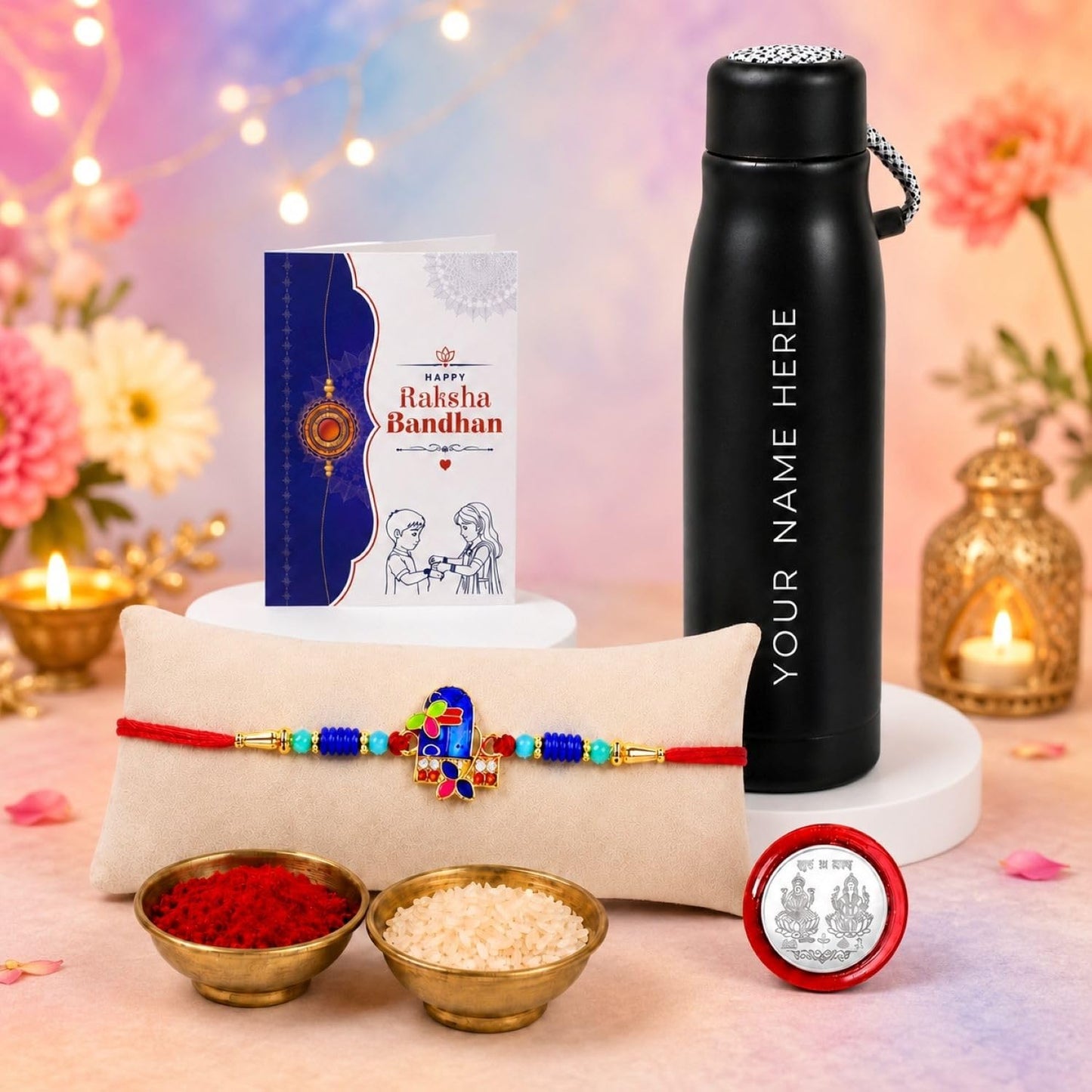 Shivling Multicolor Rakhi for Brother with Customized Vacuum Insulated Water