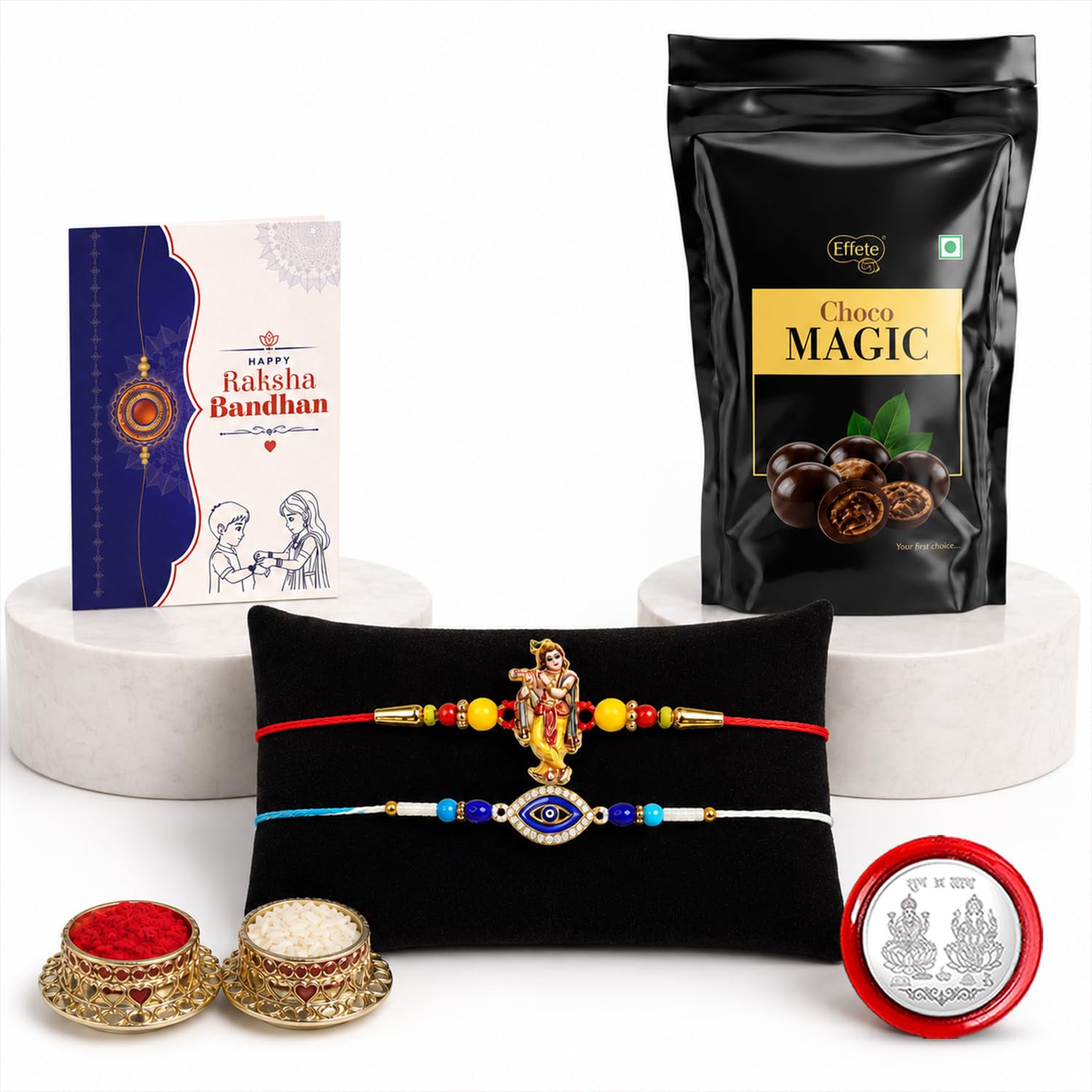Krishna Rakhi Combo - Raksha Bandhan Gift with Choco Magic Standy Pouch, Pack of 6