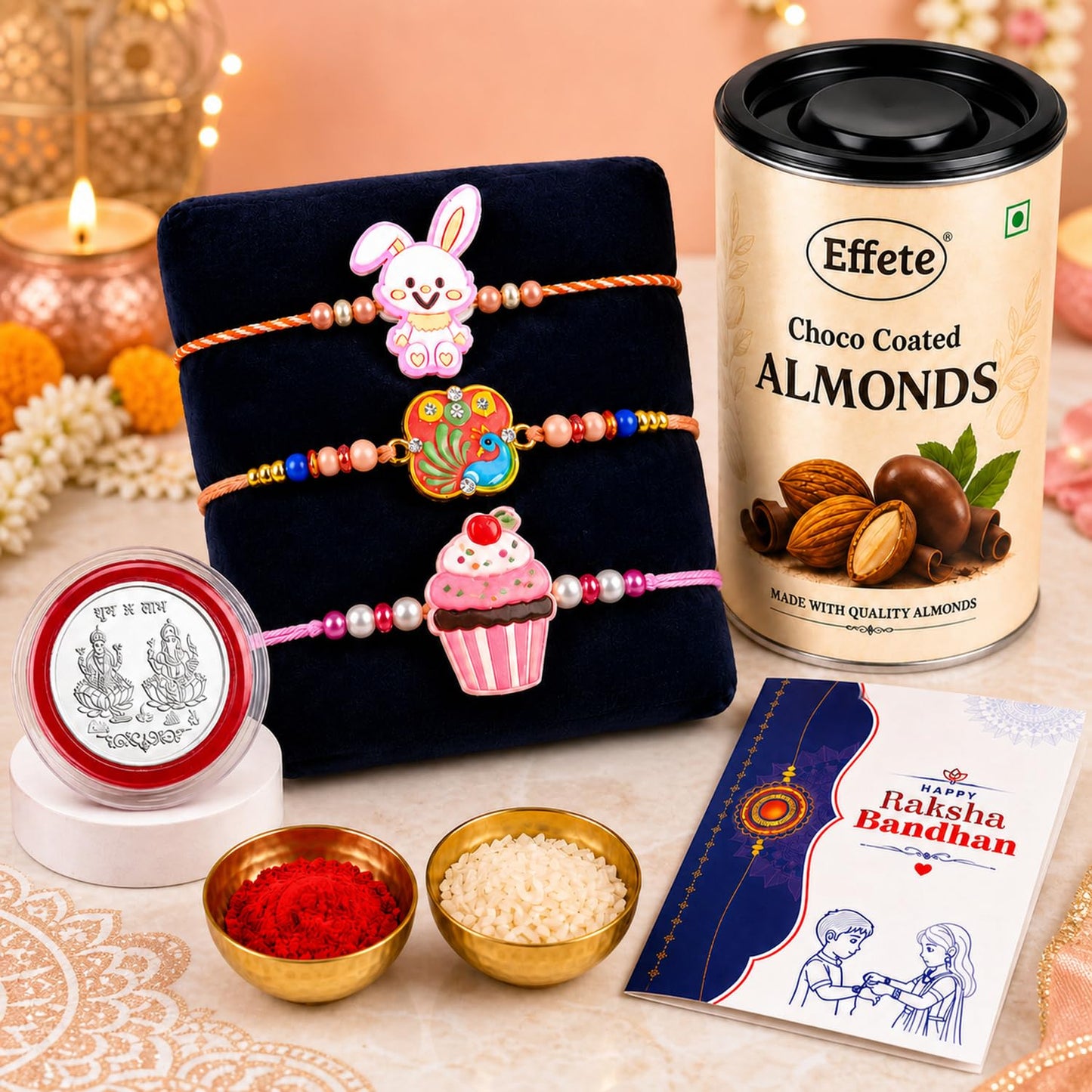 Cupcake Rakhi for Brother with Choco Almonds 96gm, Roli Tikka & Card, Pack of 7