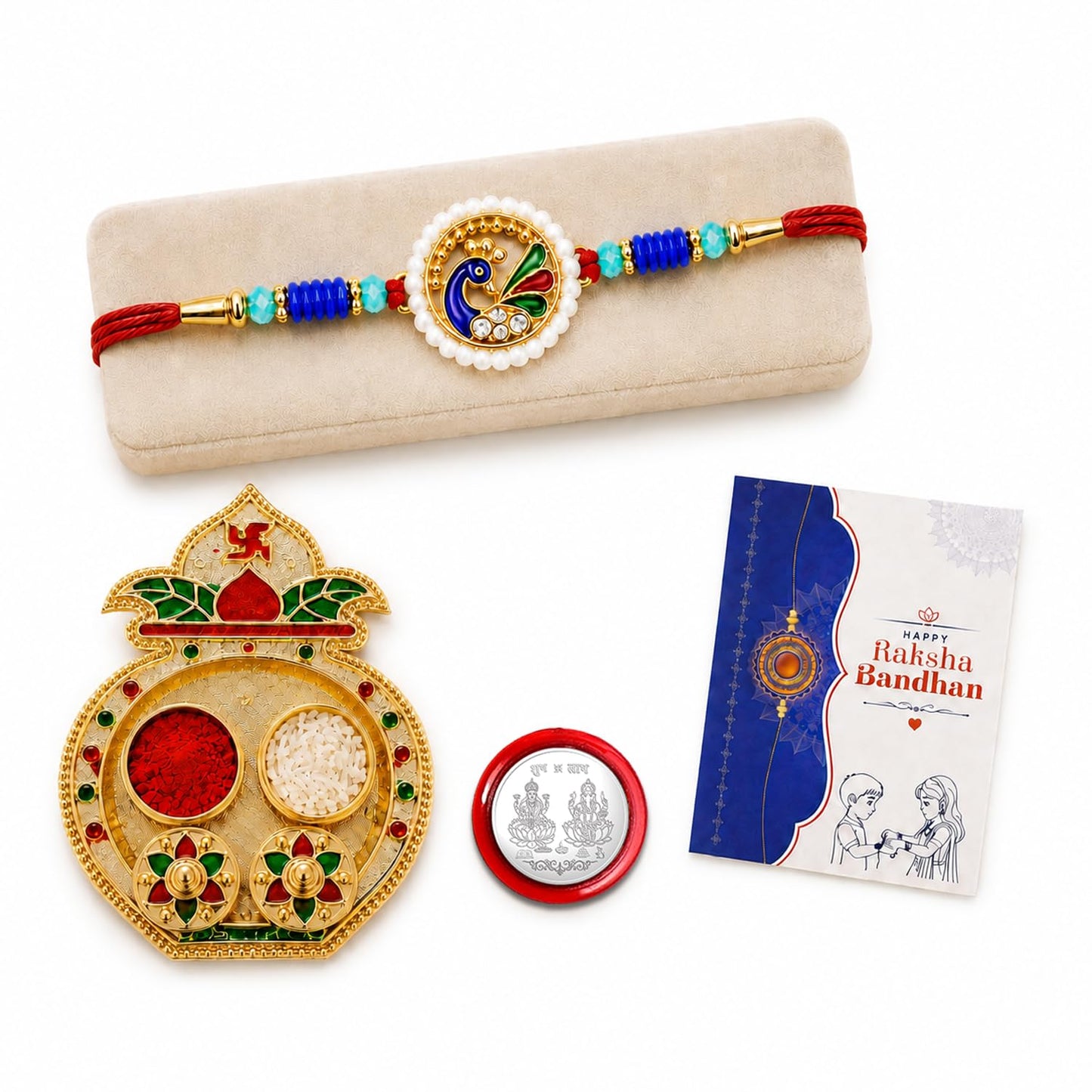 Peacock Multicolor Rakhi for Brother & Bhaiya with Kalash Shape Pooja | Pack of 5