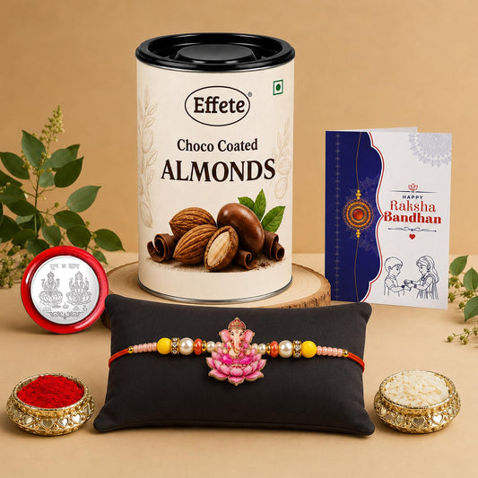 Ganesha Rakhi for Brother with Choco Almonds 96gm, Roli Tikka & Card, Pack of 5