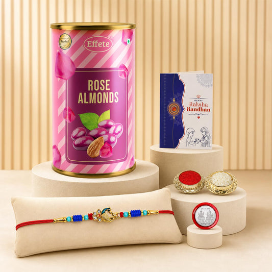 Peacock Multicolor Rakhi & Rose Almond 96gm with Roli Chawal, Silver Color Pooja Coin & Greeting Card, Rakshbandhan Combo, Rakhi & Chocolate, Pack of 5 For Raksha Bandhan