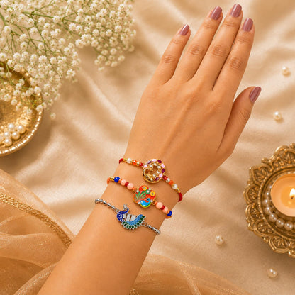 Designer Elegant Multicolor Peacock Rakhi for Brother with Roli Tikka - Pack of 6