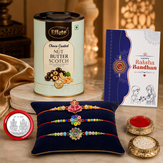 Ganesha, Flower Rakhi Combo - Raksha Bandhan Gift with Choco Butterscotch 96gm, Pack of 7