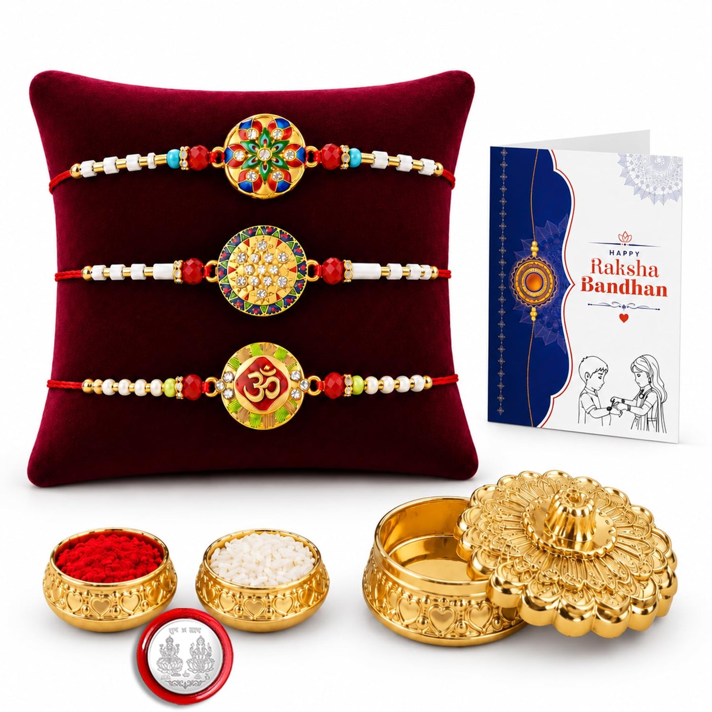 Rakhi for Brother with Golden Pooja Kankavati - Rakshabandhan Gift Set, Pack of 7