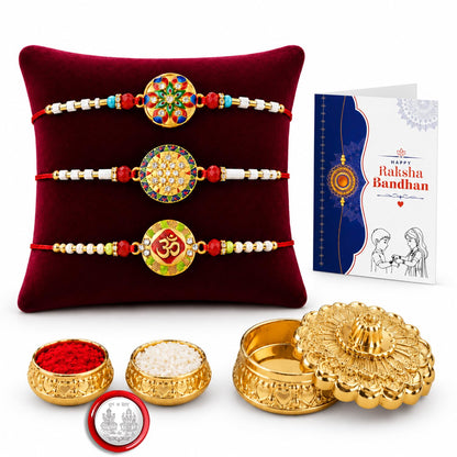 Rakhi for Brother with Golden Pooja Kankavati - Rakshabandhan Gift Set, Pack of 7