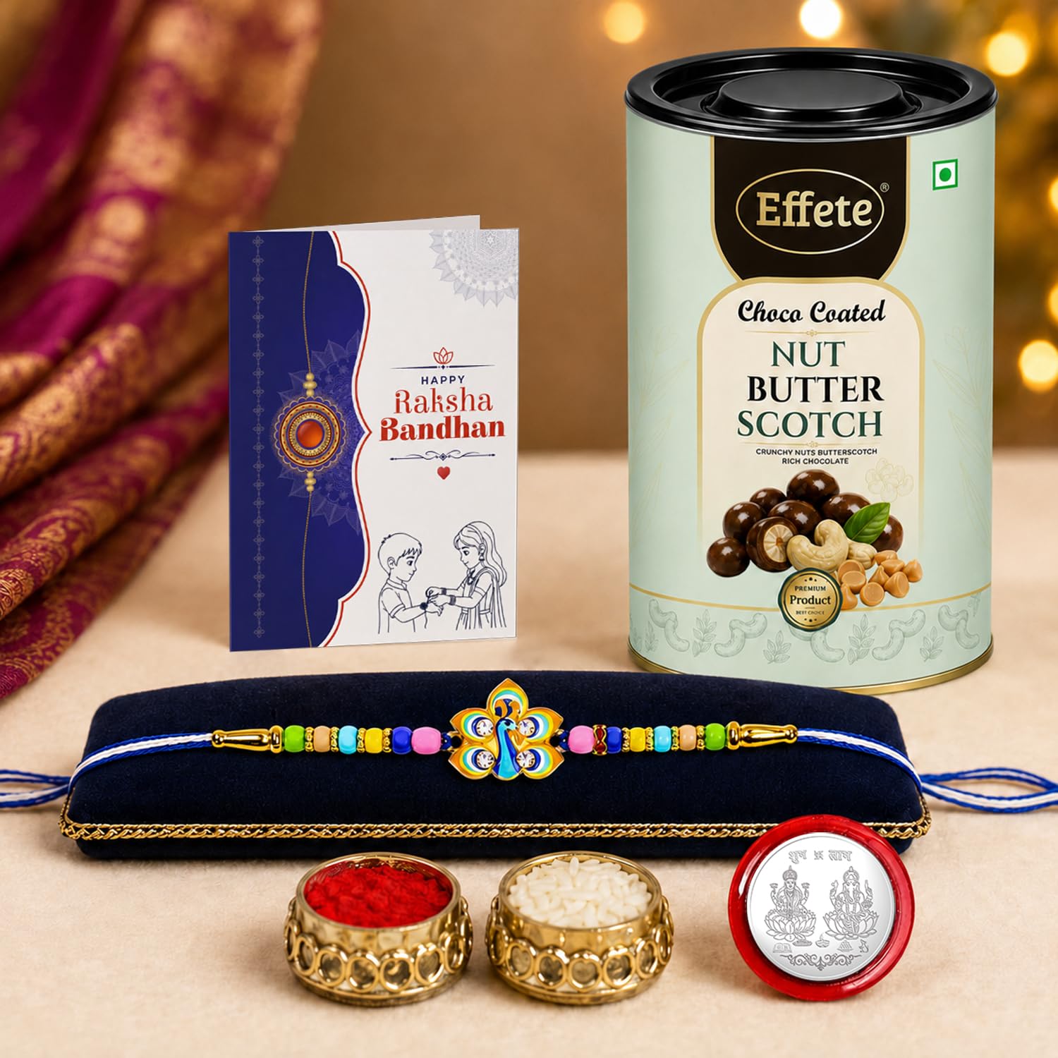 Peacock Rakhi for Brother with Butter Scotch 96gm, Roli Tikka & Card | Pack of 5