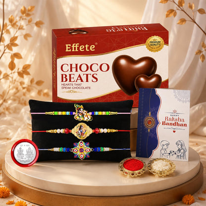 Evil Eye, OM, Krishna Rakhi Combo - Raksha Bandhan Gift with Choco Beats 32gm, Pack of 7