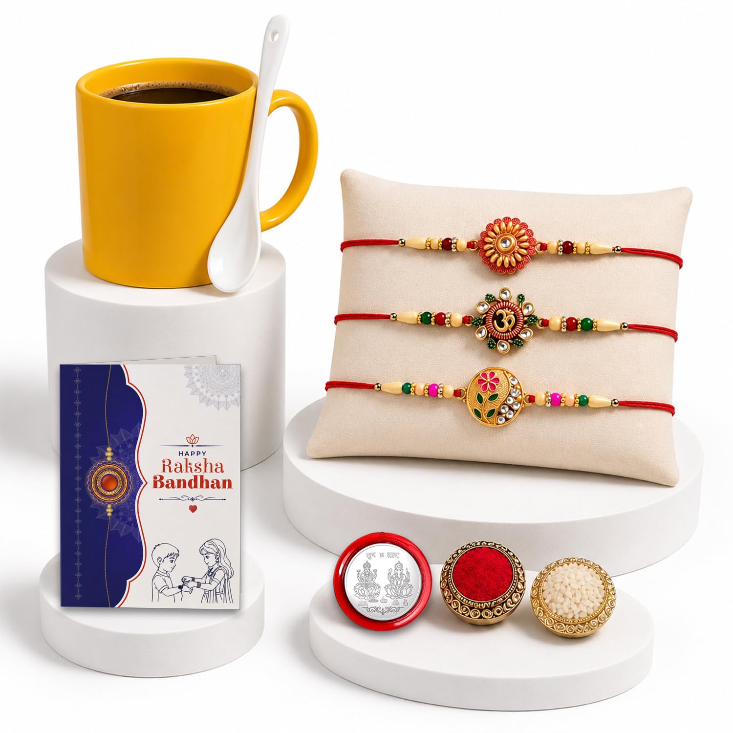 Designer Elegant Multicolor Round & Rakhi for Brother with Roli Tikka, Pack of 6