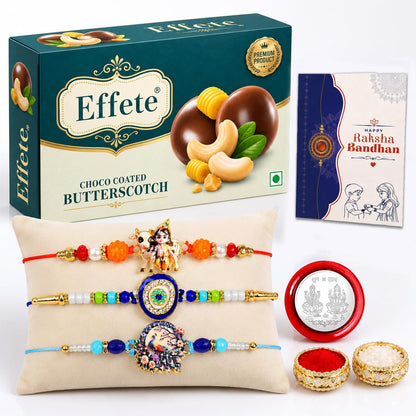 Krishna Cow Rakhi Combo - Raksha Bandhan Gift with Choco Butterscotch 32gm, Pack of 7