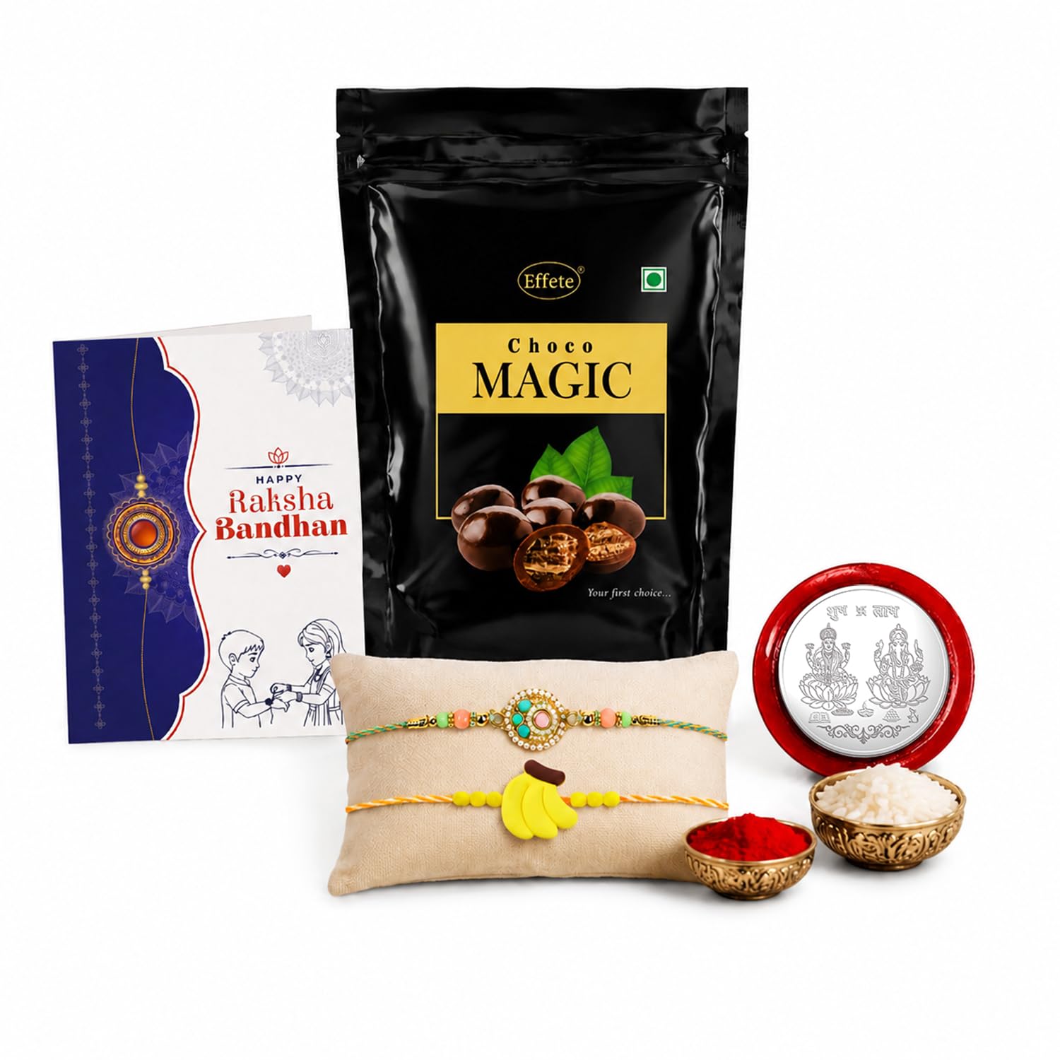 Kundan Rakhi for Brother with Choco Magic Pouch, Roli Tikka & Card, Pack of 6