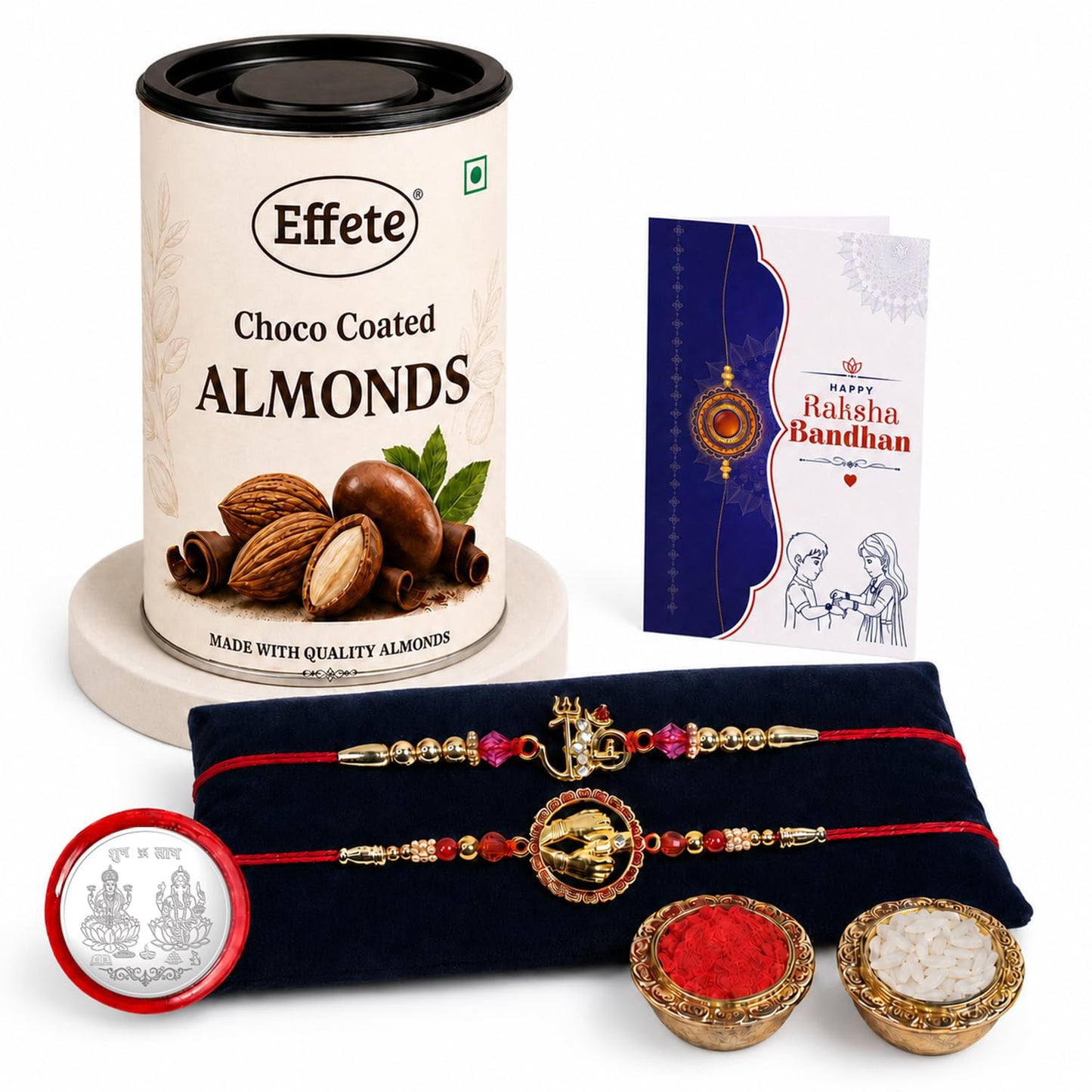 Multicolor Om, Hands Rakhi & Chocolate Almonds 96gm with Roli Chawal, Silver Color Pooja Coin & Greeting Card, Fancy Rakhis for men stylish, Rakshbandhan Combo, Pack of 6 For Raksha Bandhan