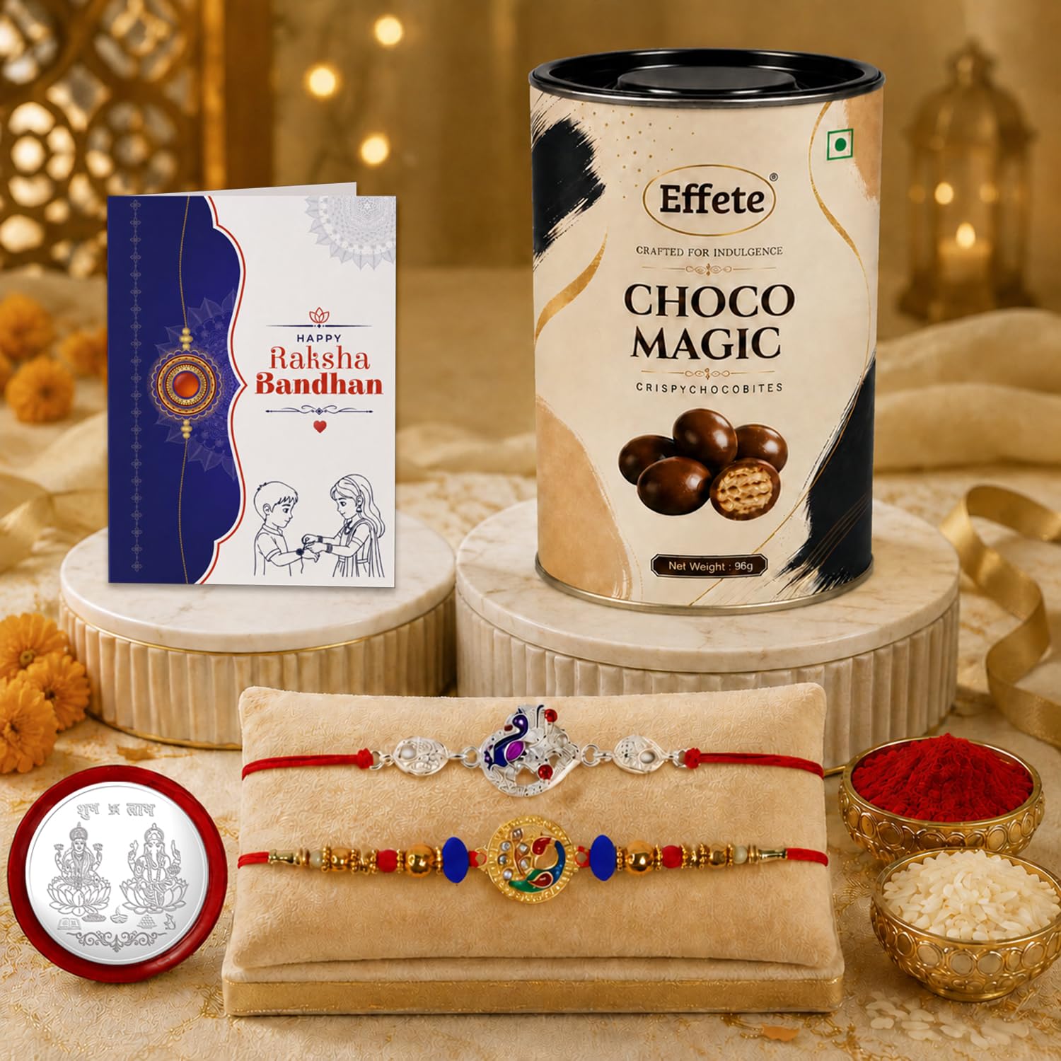 Peacock Rakhi for Brother with Choco Magic 96gm, Roli Tikka & Card - Pack of 6