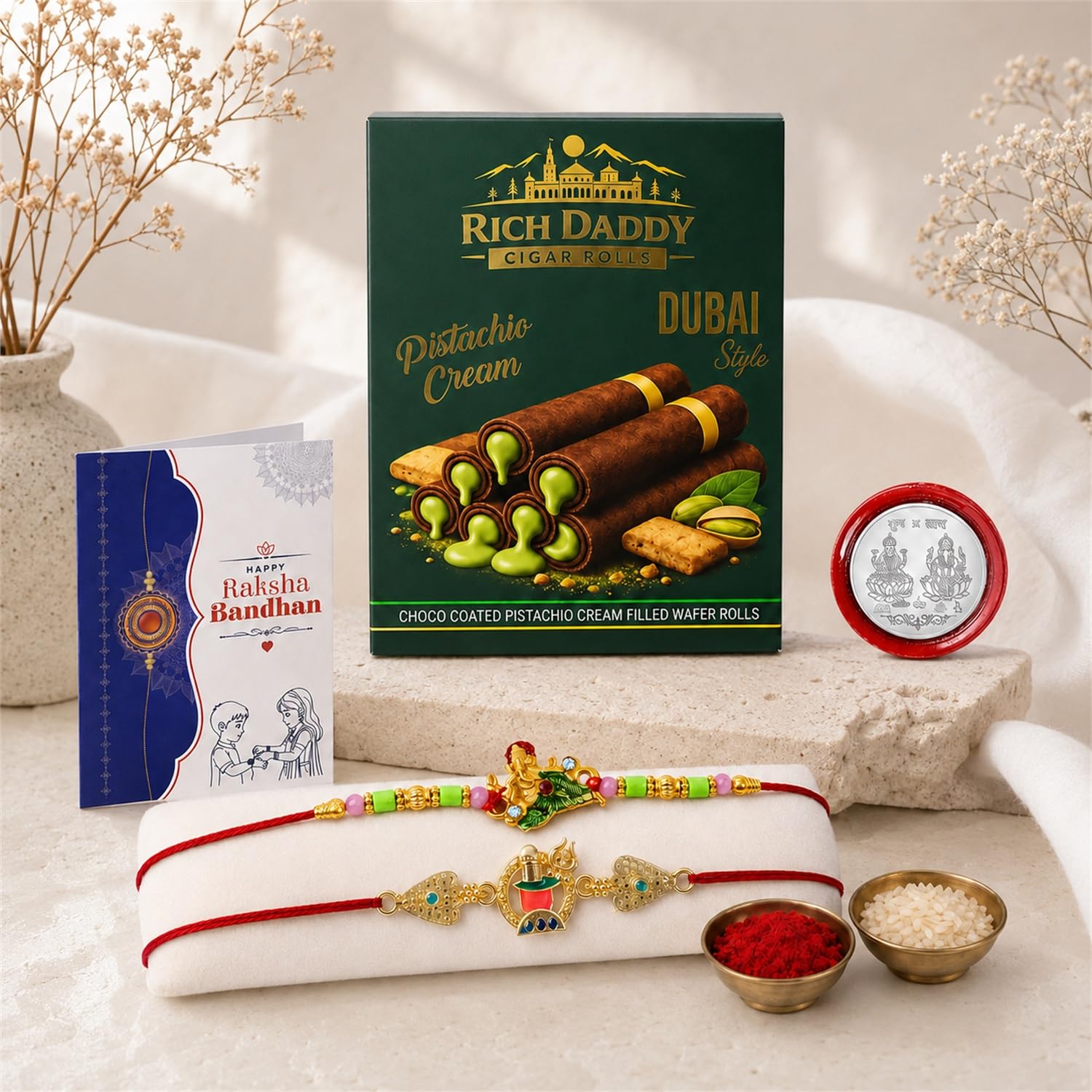 Ganesha charm Rakhi for Brother with Pistachio Wafer Rolls, Roli Tikka, Pack of 6
