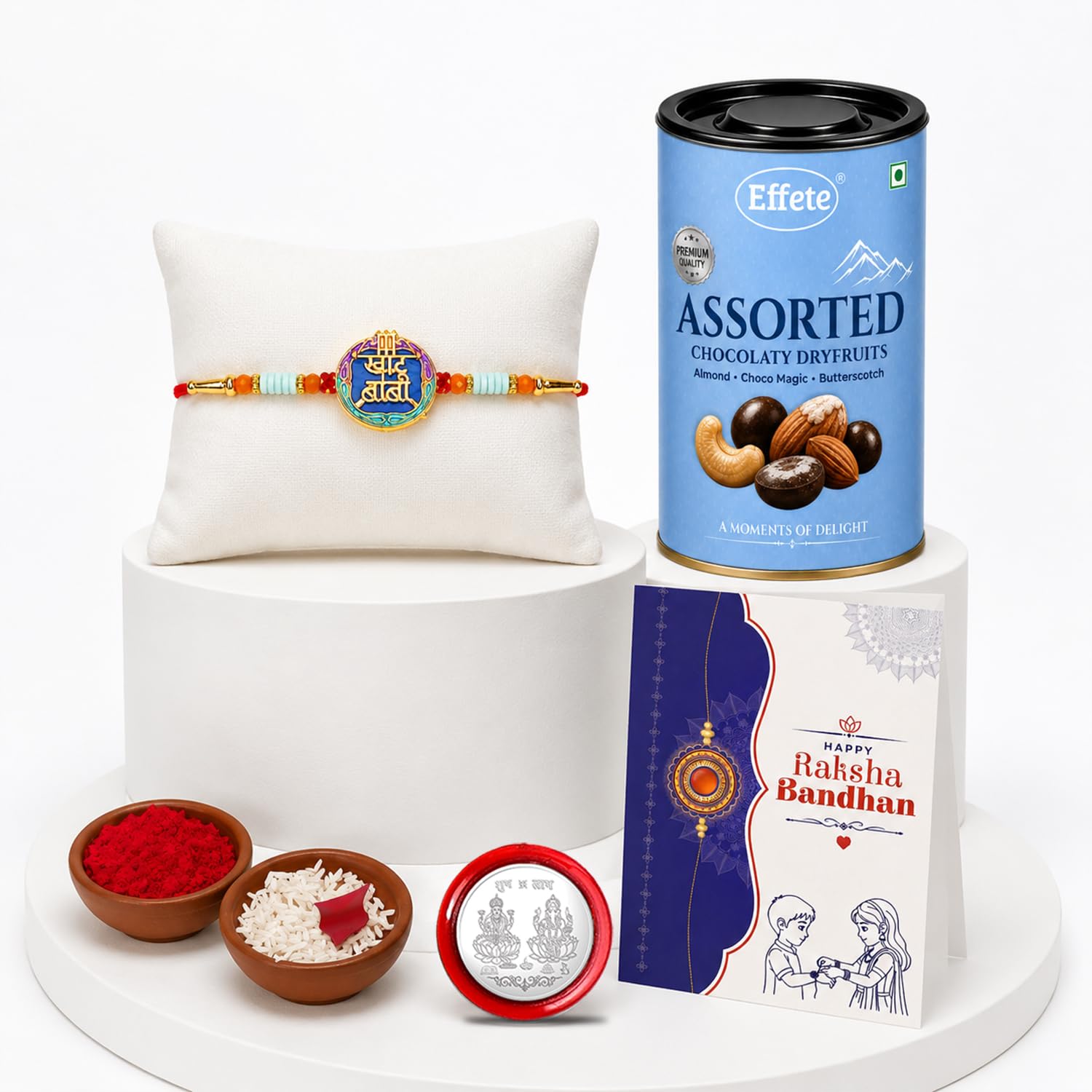 Khatu Baba Rakhi for Brother with Choco Dryfruits 96gm, Coin & Card, Pack of 5