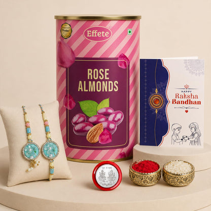 Floral Rakhi for Brother with Rose Almond 96gm, Roli Tikka & Card - Pack of 6