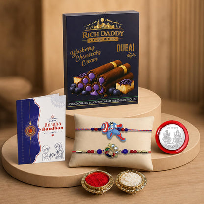 Superhero Multicolor Rakhi – Blueberry Cream Wafer Roll Gift Combo Set (Pack of 6) For Raksha Bandhan