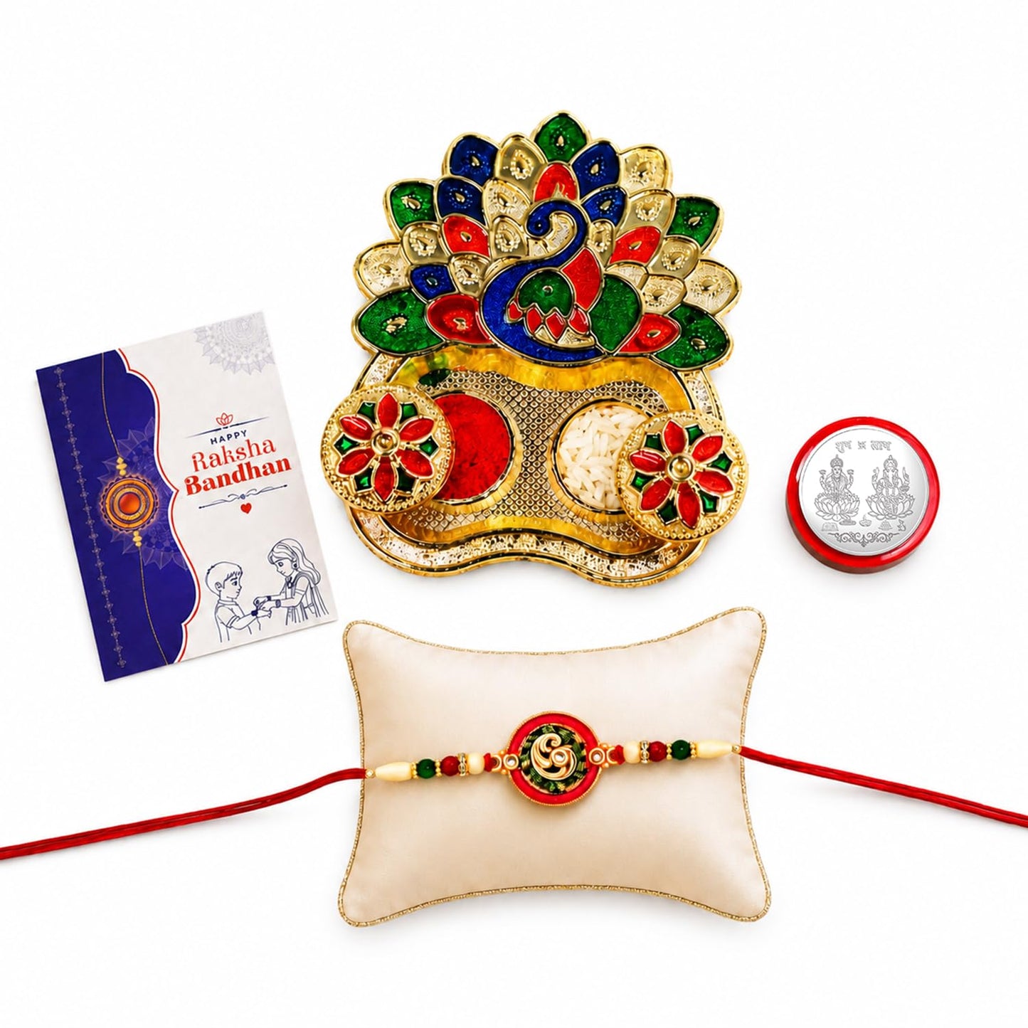 Square Multicolor Rakhi for Brother & Bhaiya with Peacock Shape Pooja | Pack of 5