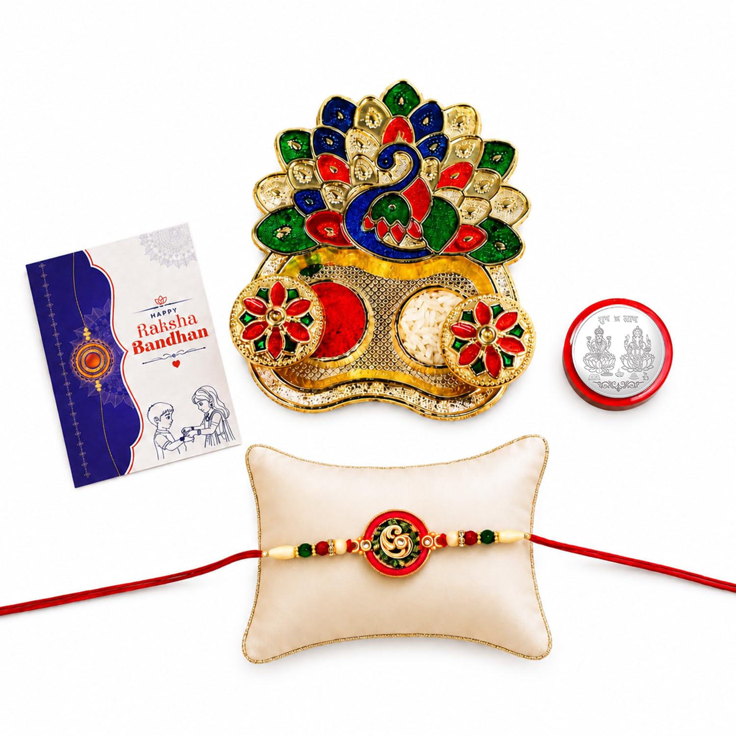 Square Multicolor Rakhi for Brother & Bhaiya with Peacock Shape Pooja | Pack of 5