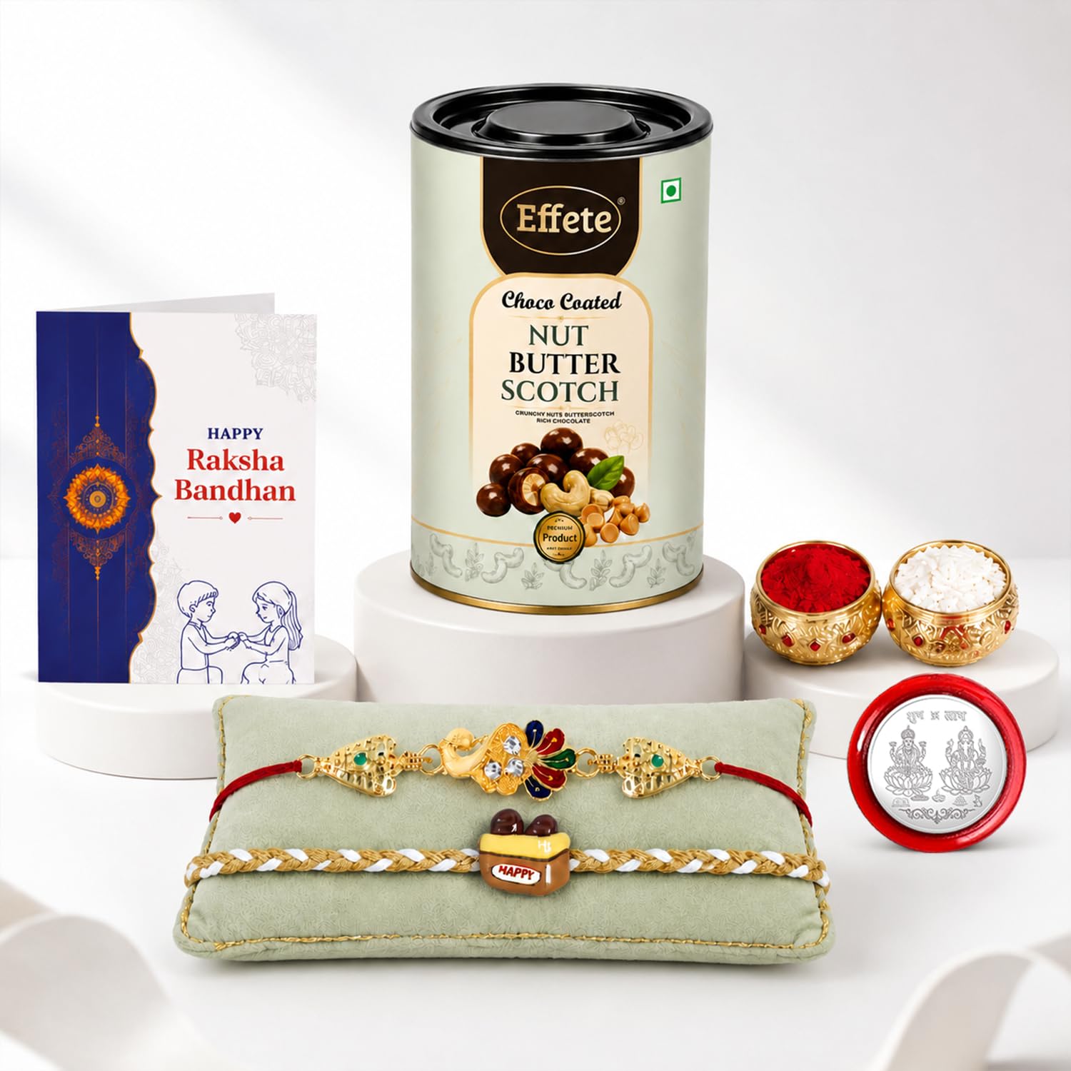 Rakhi with Chocolate for Brother (Set of 6) – Raksha Bandhan Festival Celebration Combo with Peacock & Food Design Rakhi, Chocolate, Roli Chawal, Silver Color Pooja Coin & Greeting Card