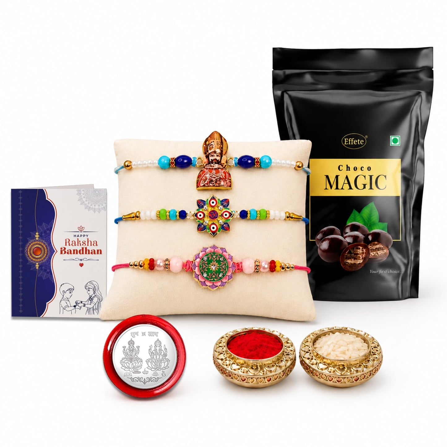 Khatu Shyam Rakhi Combo - Raksha Bandhan Gift with Choco Magic Standy Pouch, Pack of 7