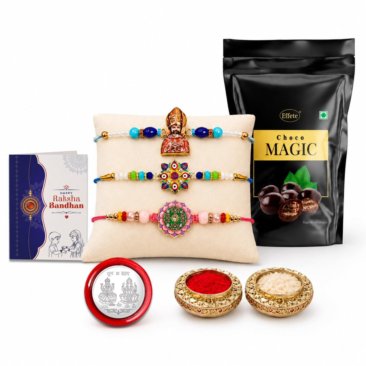 Khatu Shyam Rakhi Combo - Raksha Bandhan Gift with Choco Magic Standy Pouch, Pack of 7