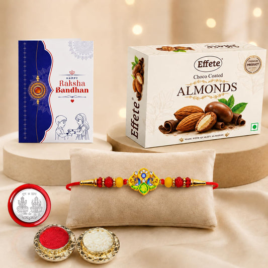 Trishul Rakhi Combo Pack of 5 with choco almonds, roli chawal, and greeting card for Raksha Bandhan.