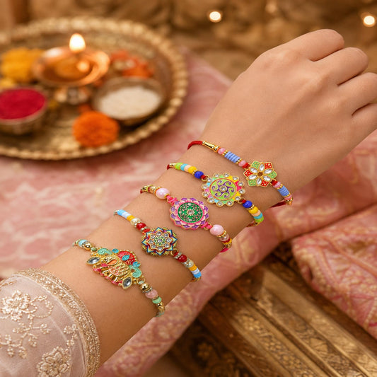Stylish Attractive Rakhi for Brother with Roli Tikka & Greeting Card, Pack of 8