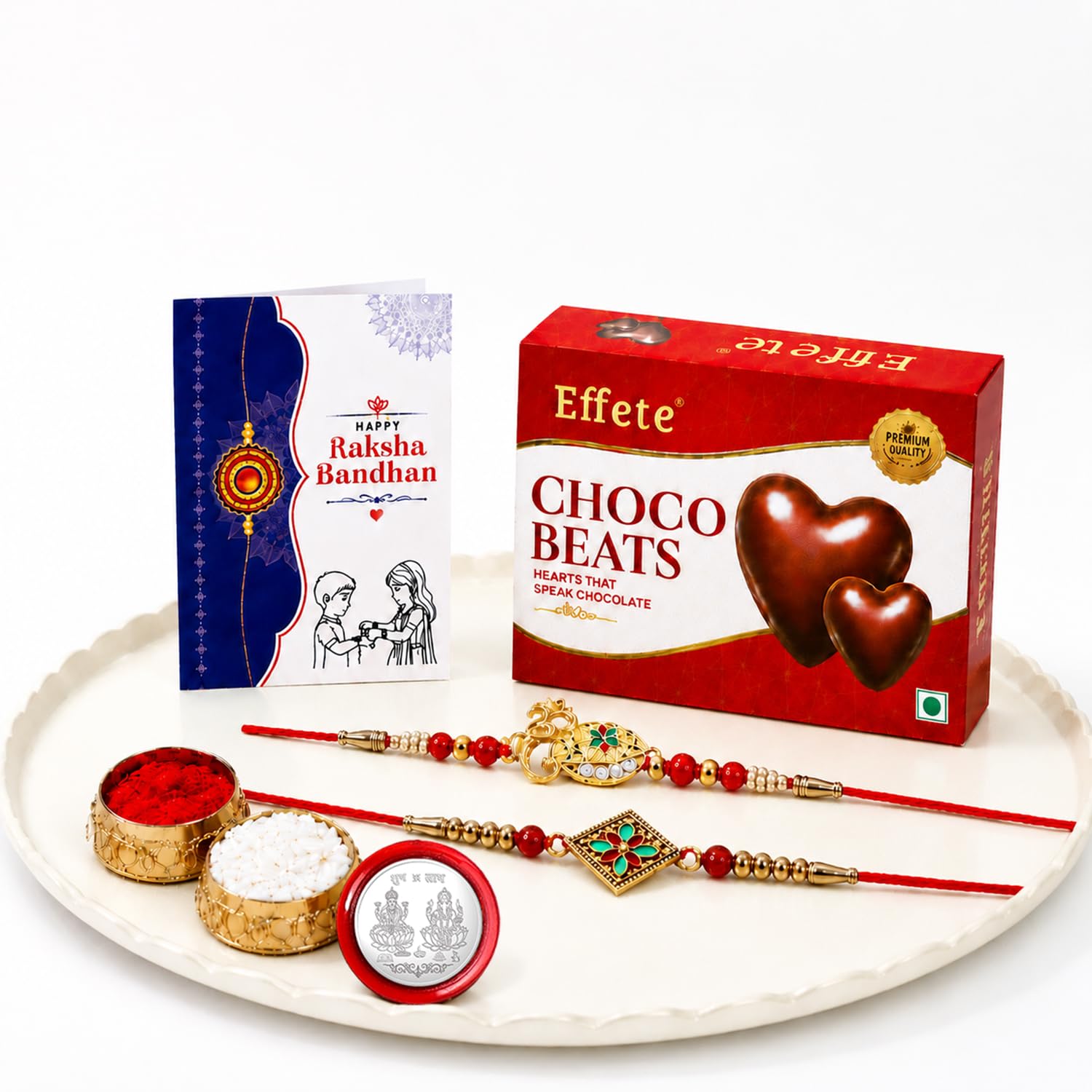 Om Rakhi for Brother with Choco Beats 32gm, Roli Tikka & Greeting Card, Pack of 6