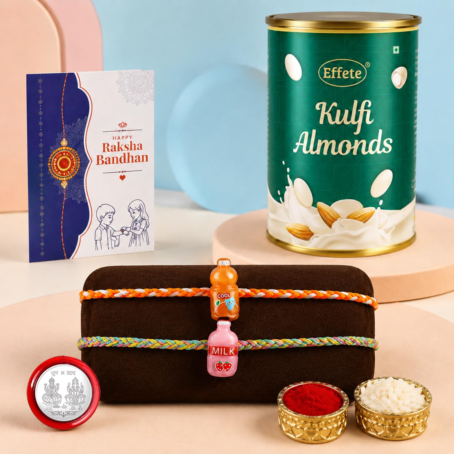 Bottle Rakhi for Brother with Kulfi Almonds 96gm, Roli Tikka & Card, Pack of 6