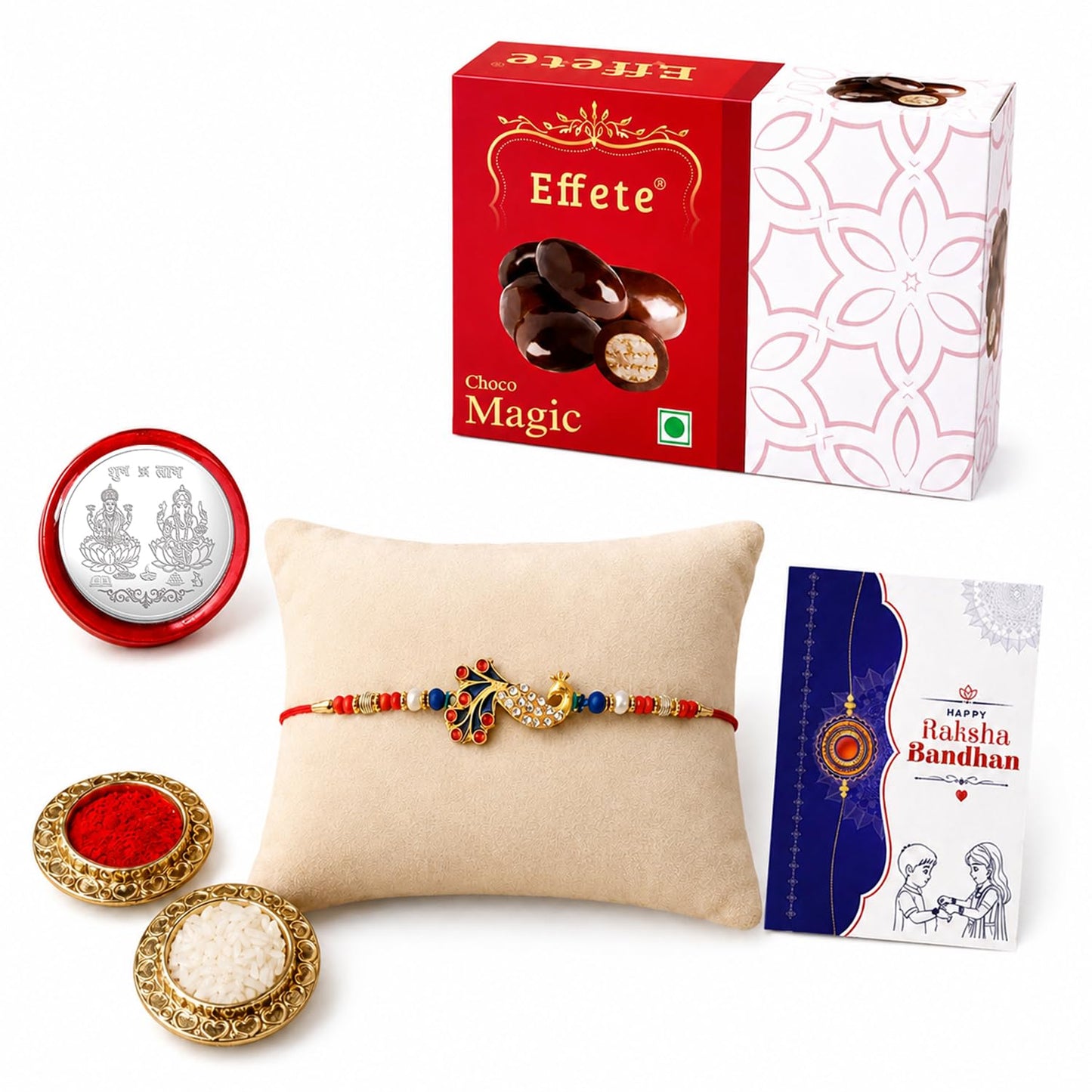 Peacock Rakhi for Brother with Chocolate Magic 32gm, Roli Tikka & Card, Pack of 5