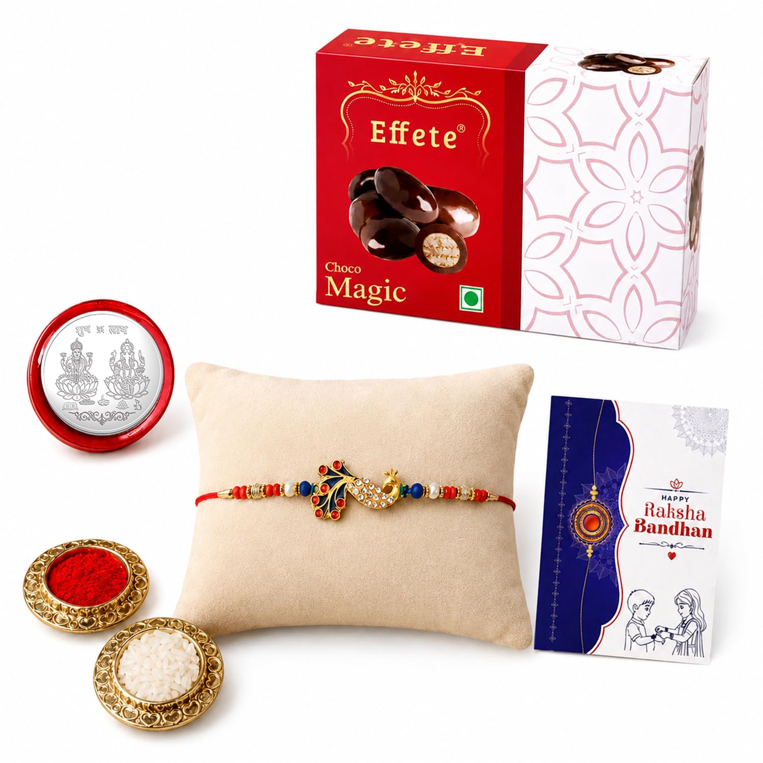 Peacock Rakhi for Brother with Chocolate Magic 32gm, Roli Tikka & Card, Pack of 5