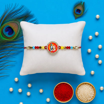 Krishna Beads Rakhi for Brother with Tilak Set & Greeting Card, Rakhi Set (V10)