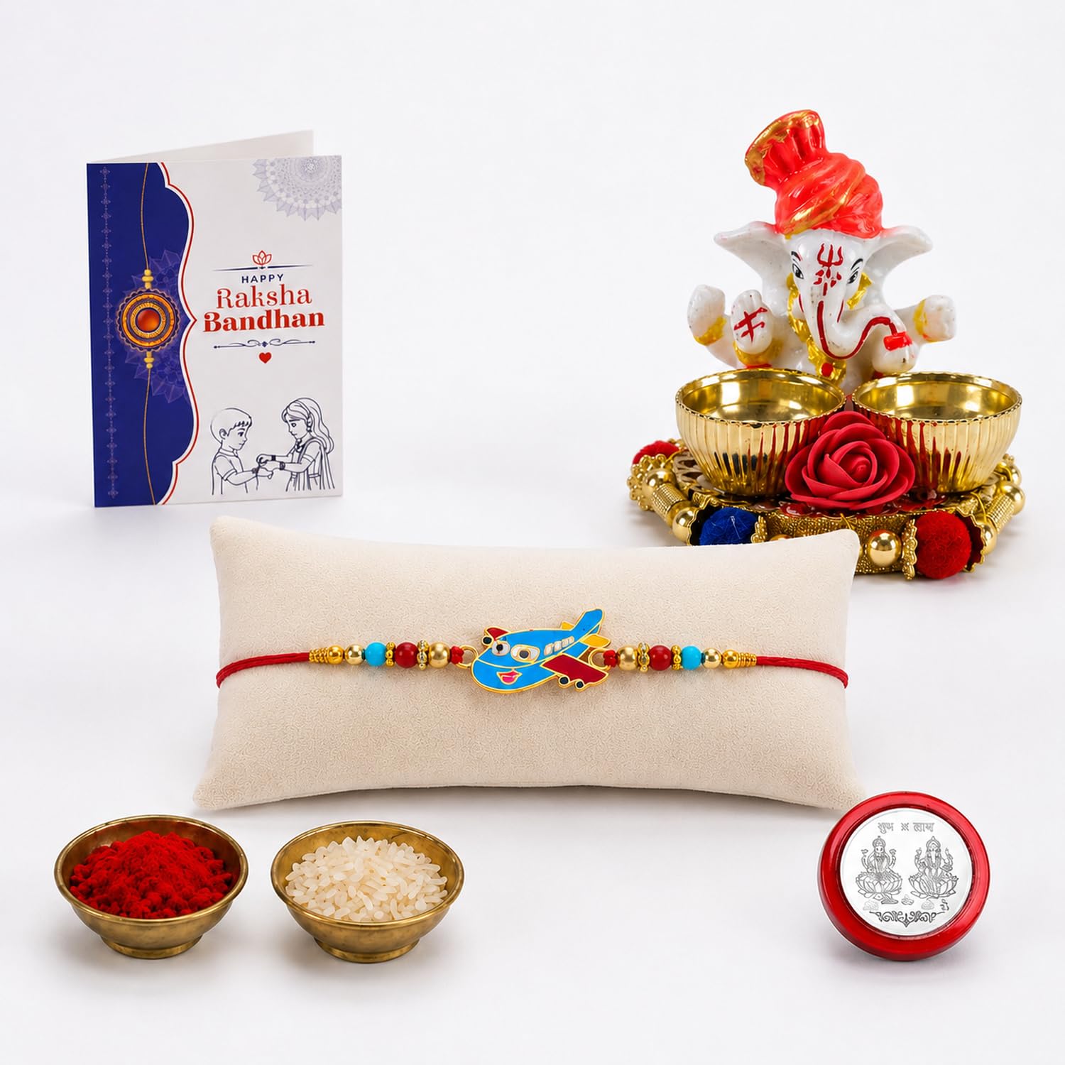 Kids Multicolor Rakhi for Brother & Bhaiya with Ganesha Pooja Thali | Pack of 5