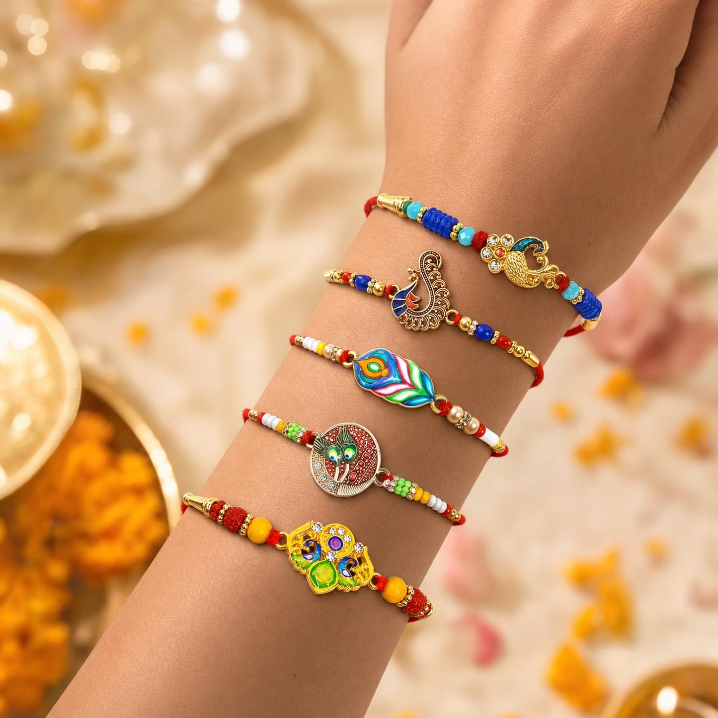 Designer Exquisite Rakhi for Brother with Roli Tikka & Greeting Card, Pack of 8