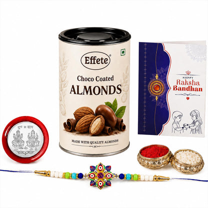 Evil Eye Rakhi for Brother with Choco Almonds 96gm, Roli Tikka & Card - Pack of 5