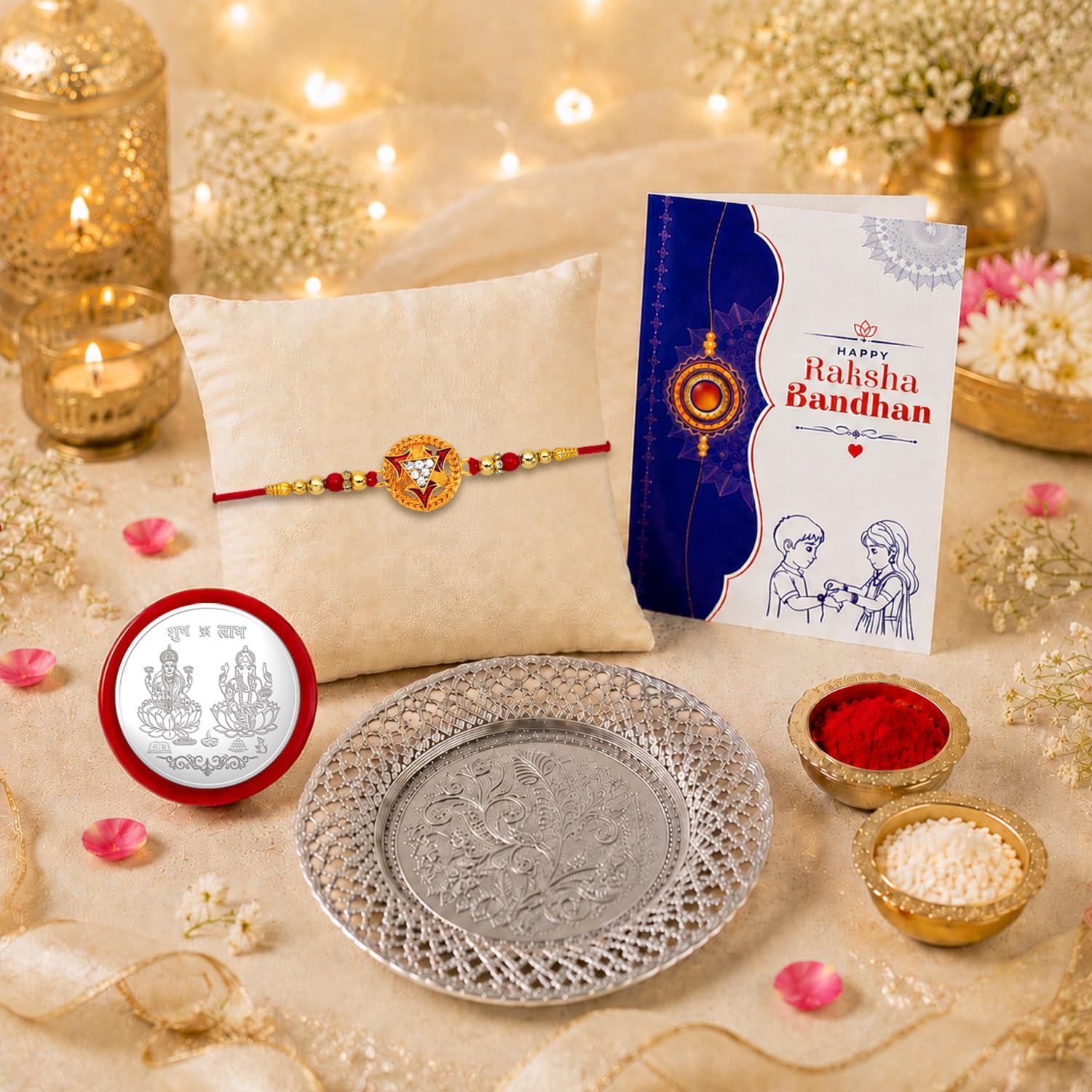 Rakhi with Silver Dish – Stylish Designer Rakhi with Silver Color Dish and Pooja