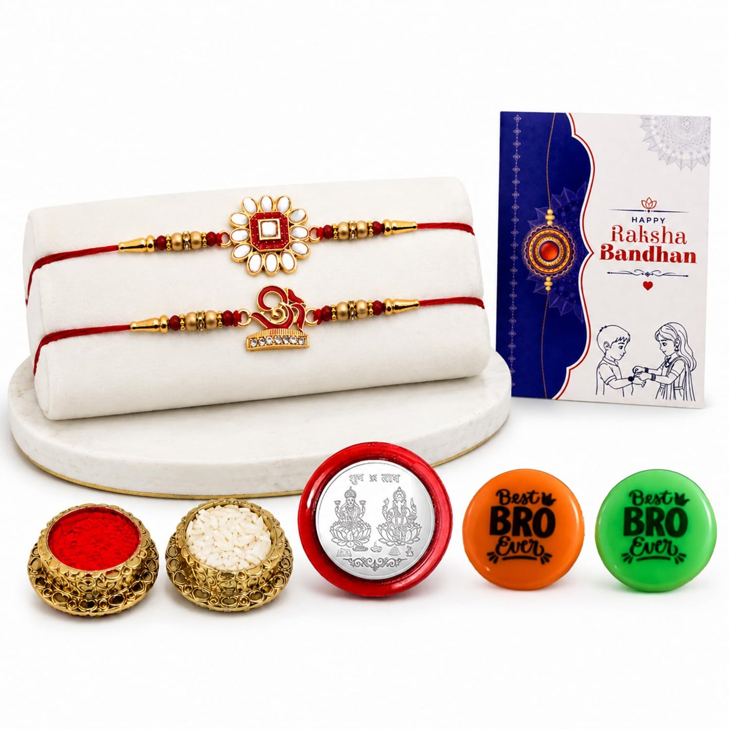 Rakhi Set for Brother (Set of 2) – Om & Meenakari Design Rakhi Combo with Roli Chawal, Silver Color Coin, Multicolour Magnets & Greeting Card – Traditional Raksha Bandhan Gift Hamper for Bhai