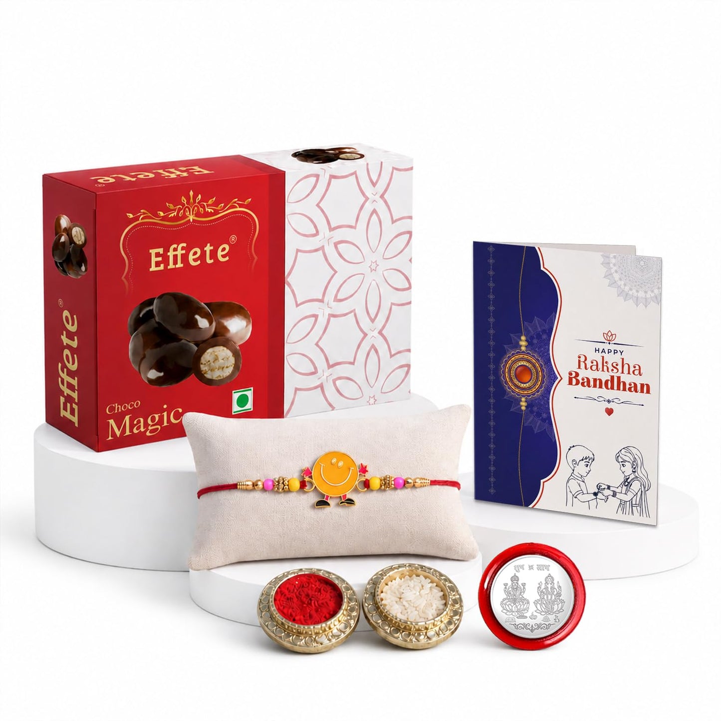 Designer Rakhi for Brother with Choco Magic 32gm, Roli Tikka & Card | Pack of 5